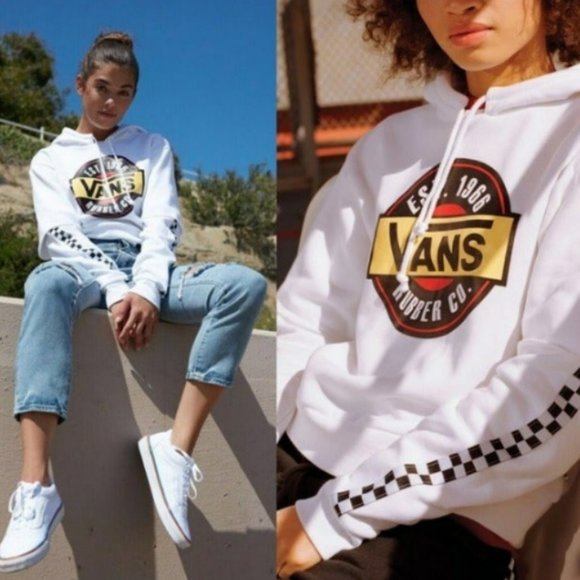 Vans White Cropped Hoodie with Color Block Racing Stripe Design - Picture 2 of 6